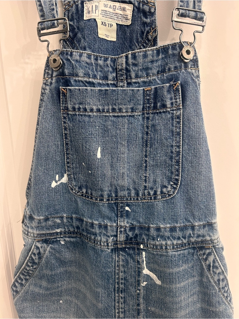GAP Light Blue Denim Overalls with Paint Splatter